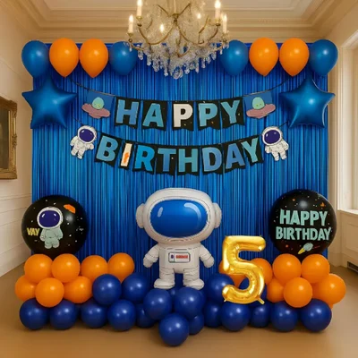 Pack of 4, 50 Pcs, Space Theme 5th Birthday Decor for Boys - Astronaut Foil Balloon, Blue Foil Curtain, Arch Tape