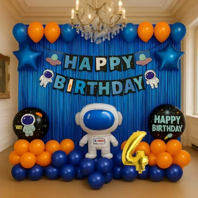 Pack of 4, 50 Pcs, Space Theme 4th Birthday Decor for Boys - Astronaut Foil Balloon, Blue Foil Curtain, Arch Tape