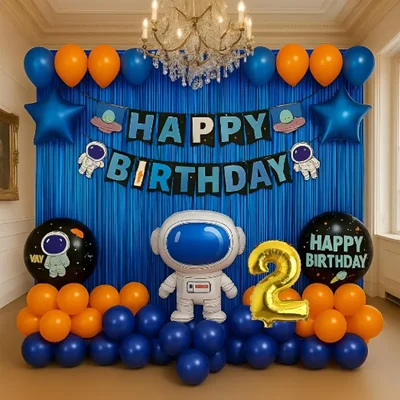 Pack of 4, 50 Pcs, Space Theme 2nd Birthday Decor for Boys - Astronaut Foil Balloon, Blue Foil Curtain, Arch Tape