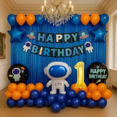 Pack of 4, 50 Pcs, Space Theme 1st Birthday Decor for Boys - Astronaut Foil Balloon, Blue Foil Curtain, Arch Tape