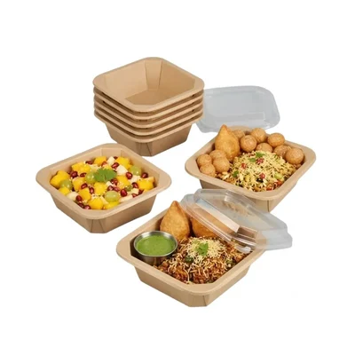 500ml Disposable Square Kraft Paper Food Box with Lid 140x140x35mm Fast Food Container for Restaurant Delivery(Pack-50 pcs)