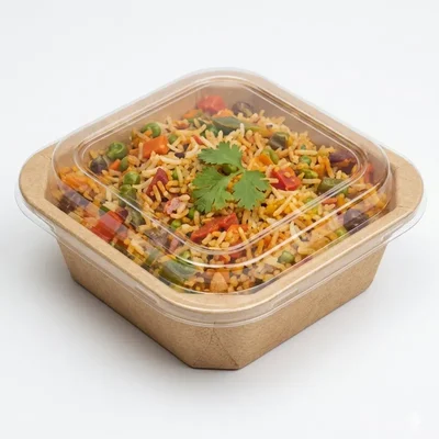 500ml Disposable Square Kraft Paper Food Box with Lid 140x140x35mm Fast Food Container for Restaurant Delivery(Pack-50 pcs)