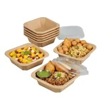 600ml Disposable Square Kraft Paper Food Box with Lid 150x150x45mm Fast Food Container for Restaurant Delivery