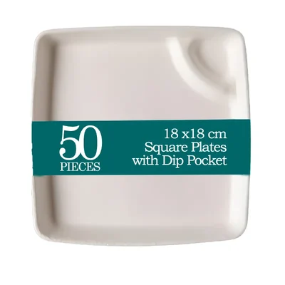 POCHEON® 50pcs 18x18cm Square Plates with Dip Pocket Ideal for Snacks & Parties