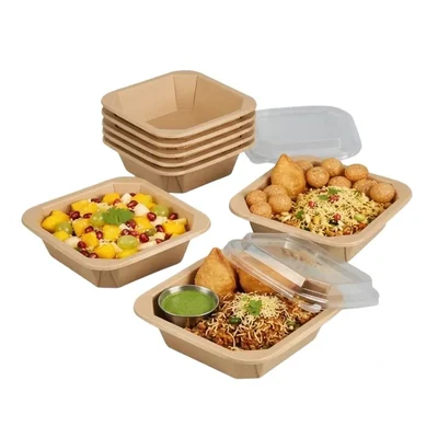 1000ml Disposable Square Kraft Paper Food Box with Lid 180x180x50mm Fast Food Container for Restaurant Delivery(Pack-50 pcs)