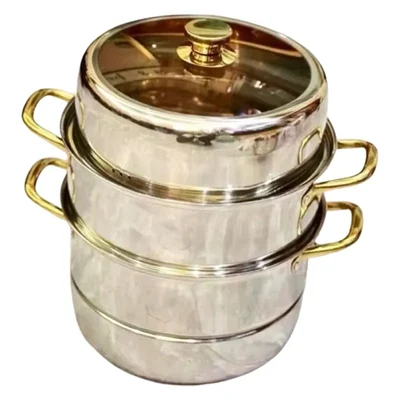 SS 3 Tier Rice Corn Momo Steamer With Wide Gold for Ideal Use In Homes, Hotels, Restaurants, Cafes(Size-30 Cm)