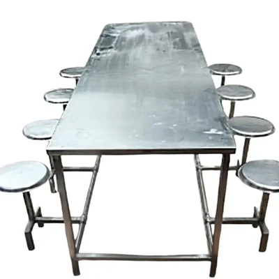 Stainless Steel 8 Seater Canteen Table Stool Set for Educational Institutions, Hostel Dining Room & Public Food Courts