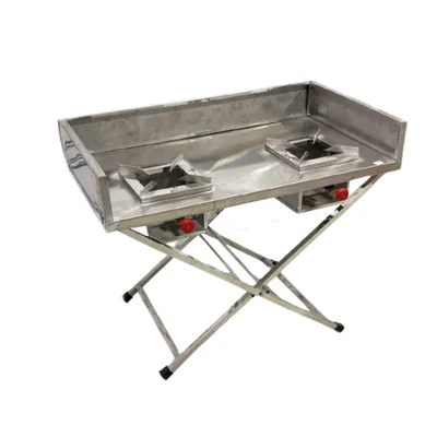 Gurubhai 45 x 24 x 32 Inch SS Folding Double Burner Gas Bhatti With Space and 6'' Foldable Backsplash