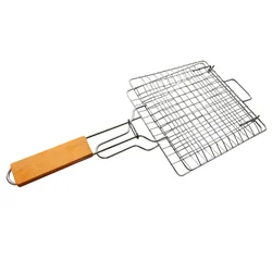 SS 9X13 Inch Barbeque Grilling Net Basket With Wooden Handle