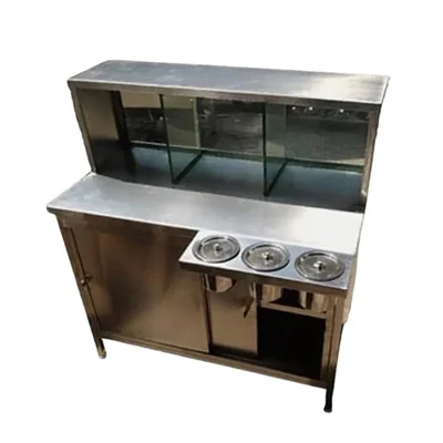 SS 4ft x 2.5ft Pani Puri Counter with 3 Top shelf + Bottom Window Storage and 3 Pots with cover