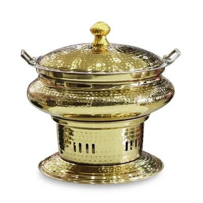 Malabar SS Round Hammered PVD Coated Golden Chafing Dish, with Lid and 8 Litre Capacity