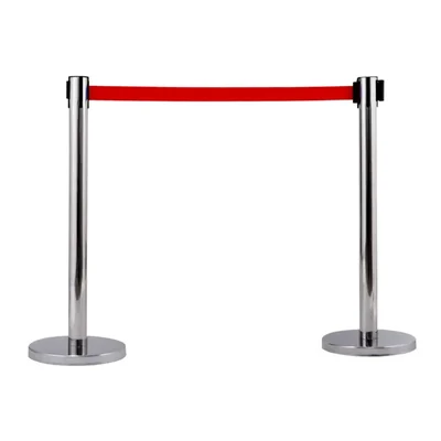 Premium Quality Stainless Steel Queue Manager with Retractable Red Belt - Set of 2 Poles