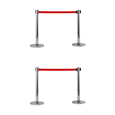 Premium Quality Stainless Steel Queue Manager with Retractable Red Belt (Set of 2 Poles) - Pack of 2