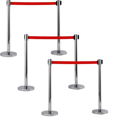 Premium Quality Stainless Steel Queue Manager with Retractable Red Belt (Set of 2 Poles) - Pack of 3