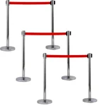 Premium Quality Stainless Steel Queue Manager with Retractable Red Belt (Set of 2 Poles) - Pack of 3