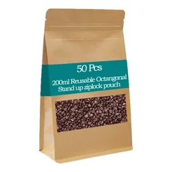 50 Pcs, 200ml Brown Reusable Octagonal Stand up Zip Lock Storage Pouch