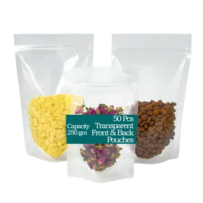 50 Pcs Transparent Front & Back Food Grade Storage Standup Pouches(Capacity-250 gm)