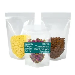 50 Pcs Transparent Front & Back Food Grade Storage Standup Pouches(Capacity-250 gm)