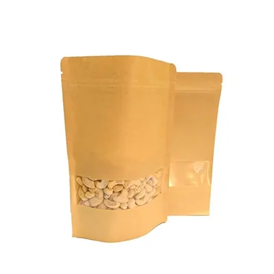 750 gm,18 x26 cm 135 Micron Kraft Paper Standup Pouch with Transparent Window for Dry Fruits, Snacks Packaging(Pack-50 Pcs)