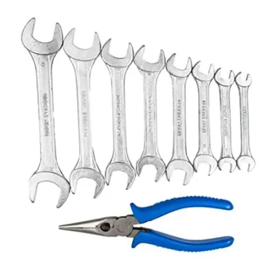 Globus Combo of 8 Pcs 6-7 to 20-22 Steel Double Open End Spanner Set with 7 inch Long Nose Plier (320)