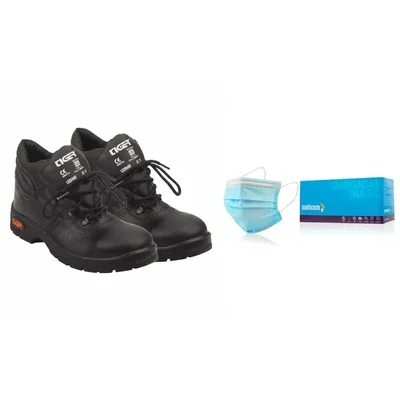 Mallcom Tiger Leopard Steel Toe Safety Shoes with CK86P3 3-Layer Surgical Face Mask Industrial Protection Kit Combo(Size-6)