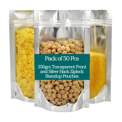 50 Pcs, 350gm Transparent Front and Silver Back Ziplock Standup Pouches for Storing Foods like Nut-Fruit