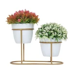 Ecofynd Stylish, Contemporary White Metal Planter Pots with Golden Stand (2 Piece Set)