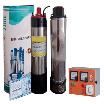 Heavy Duty 1 Hp 10 Stage 1Phase (V4) Oil Cooled Borewell Submersible Pump With Control Panel, 144ft Head-1 Year Warranty