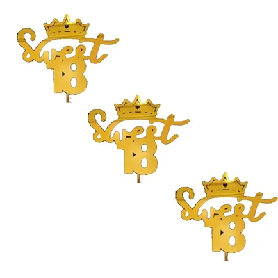 Pack of 3, 9, 18 Sweet 18 Gold Crown Cake Topper,Acrylic Metallic Finish for 18th Birthday Party(Pack-3 pcs)