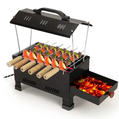 Wellberg Premium Quality 2-in-1 Electric and Charcoal 13 Inch Portable Barbeque Grill with 6 Skewers