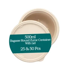 500ml Bagasse Round Zume Container With Lid, 100% Anti-Leak Technology for Food Delivery, Take Away Meals(Pack-25 pcs)