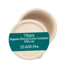 750ml Bagasse Round Zume Container With Lid, 100% Anti-Leak Technology for Food Delivery, Take Away Meals(Pack-25 pcs)