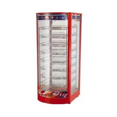 Heavy Duty 1.3kW Tall Vertical Food Display Warmer Showcase with 8 Tier Curved Racks and Panoramic Glass Panel RH-IP9
