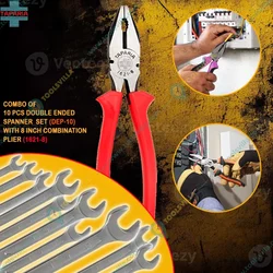 Taparia Hand Tools Combo of 10 Pcs Double Ended Spanner Set (DEP-10) With 8 inch Combination Plier (1621-8)