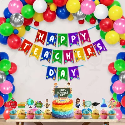 Teachers Day 37 Pcs Decoration Kit For School Party 300 GSM Cardstock Banner Balloons Cake Topper(Pack of 3)