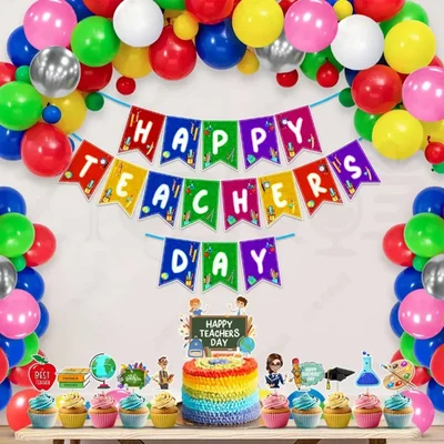 Pack of 3, 9, 18 Teachers Day Decoration Kit For School 300 GSM Cardstock Banner Balloons Cake Topper, 37 Pcs in 1 Pack(Pack-3 pcs)