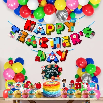 Happy Teachers Day 37 Pcs Decoration Kit Multicolor Party Combo With Banners Balloons Cake Toppers(pack of 3)