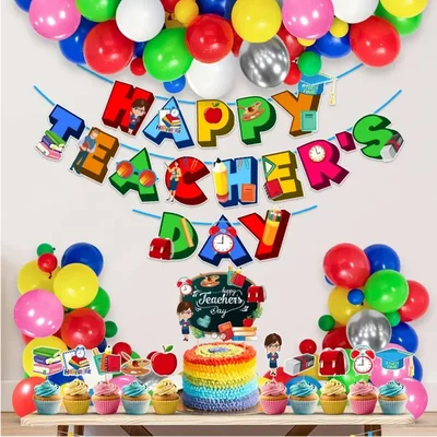 Happy Teachers Day 37 Pcs Decoration Kit Multicolor Party Combo With Banners Balloons Cake Toppers(Pack-3 pcs)