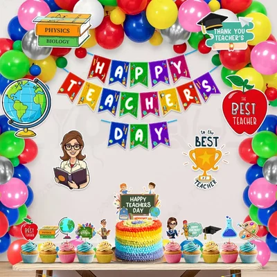 Teachers Day 43 Pcs Decor Kit For School Party 300 GSM Banner Cardstock Cutouts Balloons Cake Toppers(Pack of 3)