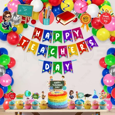 Teachers Day 43 Pcs Decor Kit For School Party 300 GSM Banner Swirl Hangings Balloons Cake Toppers(Pack of 3)