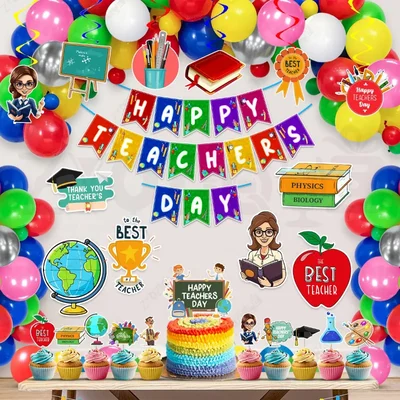 Teachers Day 49 Pcs Decoration Kit For School Party 300 GSM Cardstock Banner Swirls Balloons Cutouts(Pack of 3)