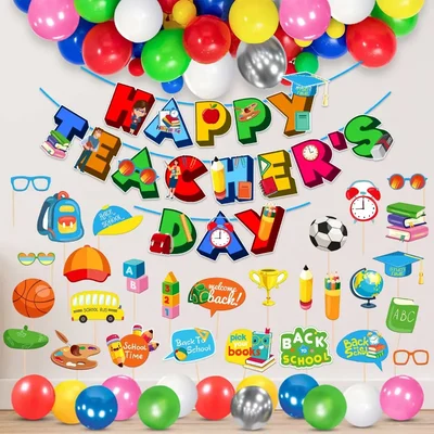 Happy Teachers Day 54 Pcs Decoration Combo Kit For School Party MultiColor Props Balloons Reusable Banner(Pack of 3)