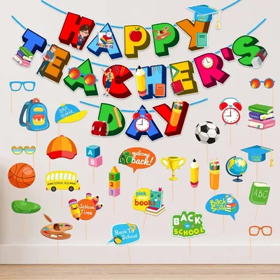Teachers Day 29 Pcs Decoration Kit For School Party Celebrations HD Cardstock Banner & Photo Booth Props(Pack of 3)