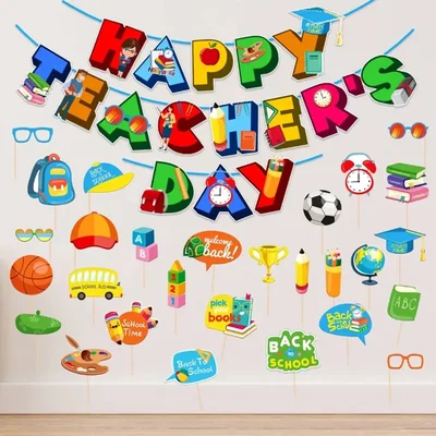 Pack of 3, 9, 18 Teachers Day Decoration Kit, HD Cardstock Banner & Photo Booth Props, 29 Pcs in 1 Pack(Pack-3 pcs)