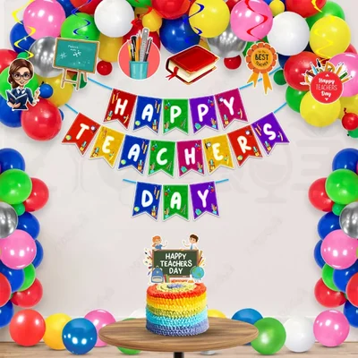 Teachers Day 33 Pcs Decor Kit For School Classroom 300 GSM Banner Swirls Balloons Cake Topper Reusable(Pack Of 3)