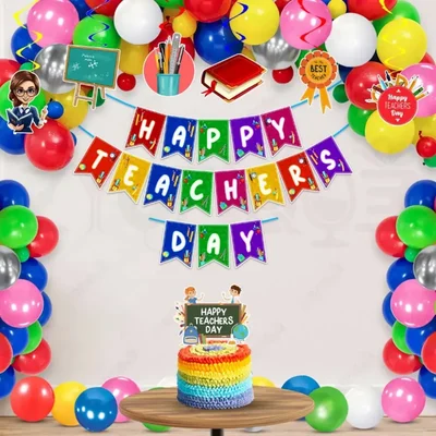 Pack of 3, 9, 18 Teachers Day Decor Kit, 300 GSM Banner Swirls Balloons Cake Topper Reusable, 33Pcs in 1 Pack(Pack-3 pcs)