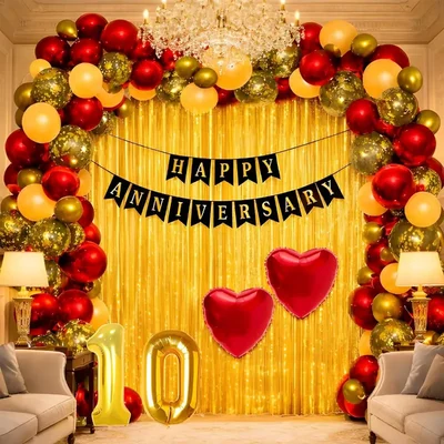 Pack of 5, 55 Pcs Red Golden 10th Anniversary Decoration Kit with Banner Heart Foil Confetti Balloons Curtain