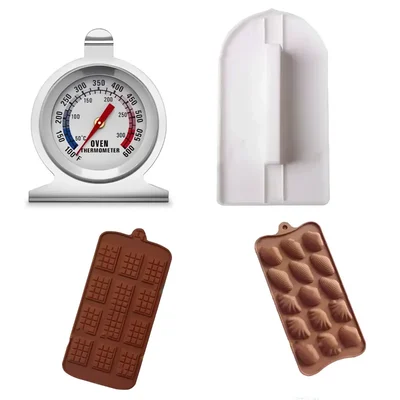 Combo Pack of Kitchen Thermometer, Baking Polisher, 12 and 15 indent Silicone Chocolate Mould