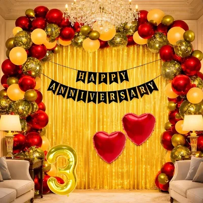 Pack of 5, 55 Pcs Red Golden 3rd Anniversary Decoration Kit with Banner Heart Foil Confetti Balloons Curtain