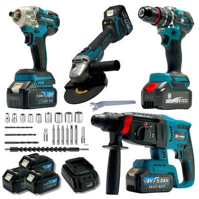 THOR 4-In-1 48V Cordless Impact Drill, Rotary Hammer, Impact Wrench & Angle Grinder Combo With Battery-Charger & Accessories (THCOM 184)